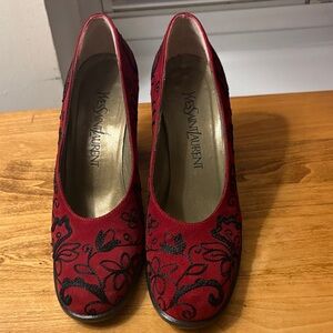 Yves Saint Laurent Red and Black Floral Heels